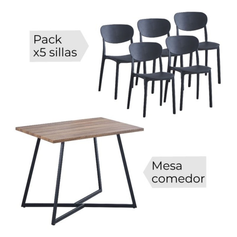 Conjunto Mesa y Sillas Comedor/Cocina: Mesa madera y Patas Metálicas En Negro (76x100x70 Cm) + 5 Sillas (80x40x55 Cm)