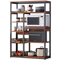 Estantería de Cocina, Estante Abierto de Pie 2 Mallas metálicas y múltiples Estantes 80x30x142cm, Color Negro y Madera