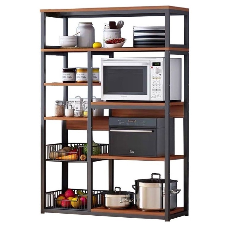 Estantería de Cocina, Estante Abierto de Pie 2 Mallas metálicas y múltiples Estantes 80x30x142cm, Color Negro y Madera