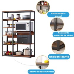 Estantería de Cocina, Estante Abierto de Pie 2 Mallas metálicas y múltiples Estantes 80x30x142cm, Color Negro y Madera