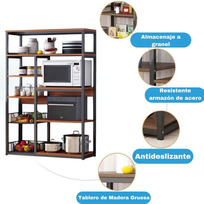 Estantería de Cocina, Estante Abierto de Pie 2 Mallas metálicas y múltiples Estantes 80x30x142cm, Color Negro y Madera