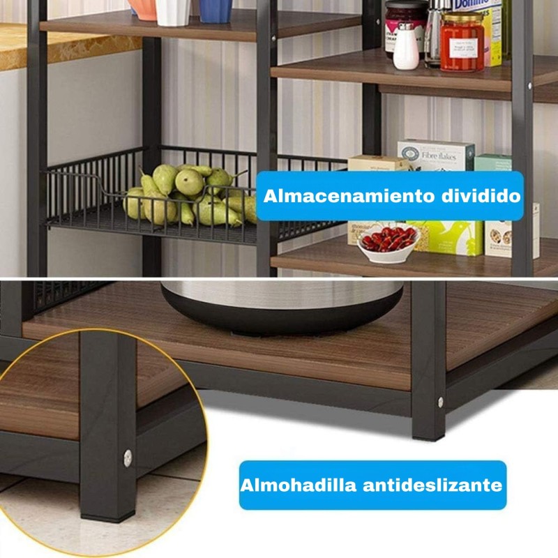 Estantería de Cocina, Estante Abierto de Pie 2 Mallas metálicas y múltiples Estantes 80x30x142cm, Color Negro y Madera