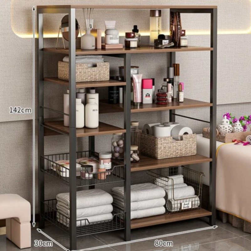 Estantería de Cocina, Estante Abierto de Pie 2 Mallas metálicas y múltiples Estantes 80x30x142cm, Color Negro y Madera