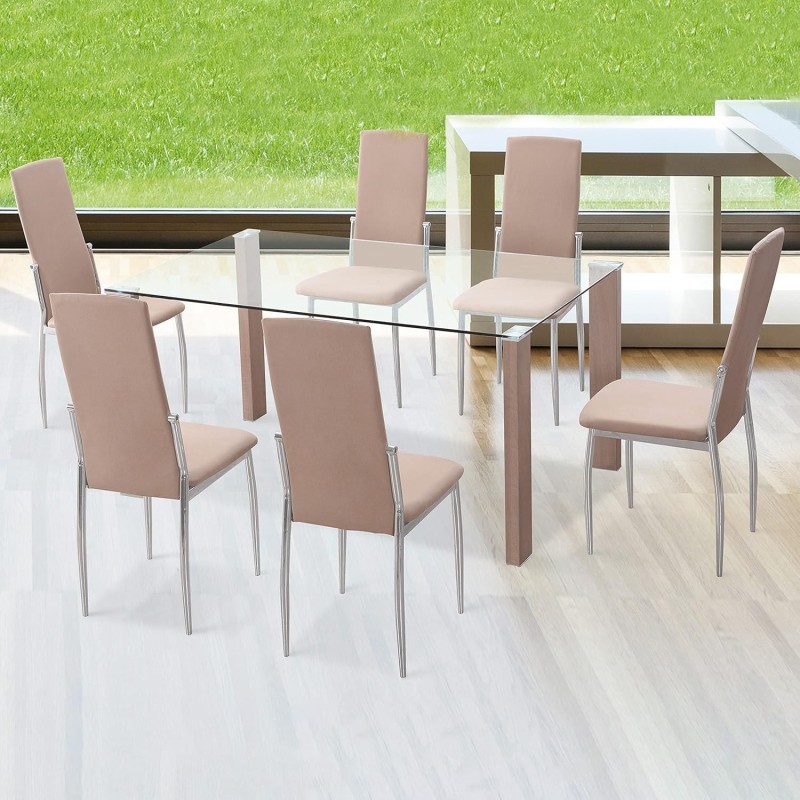 Pack de 6 Sillas Tapizadas para Salón y Comedor – Acabado Beige en Aluminio, Medidas: 43 cm x 48 cm x 99,5 cm