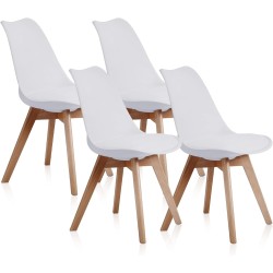 Pack de 4 Sillas para Comedor, Cocina o Salón – Simil Piel Blanca y Madera, Medidas: 48 cm x 45 cm x 84 cm.