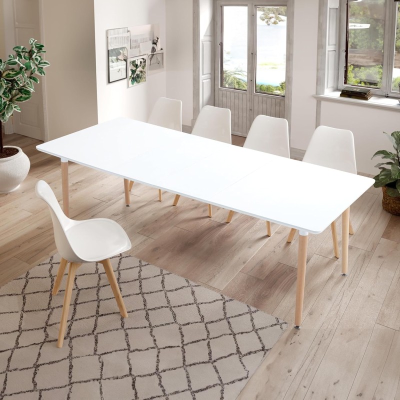 Pack de 4 Sillas para Comedor, Cocina o Salón – Simil Piel Blanca y Madera, Medidas: 48 cm x 45 cm x 84 cm.