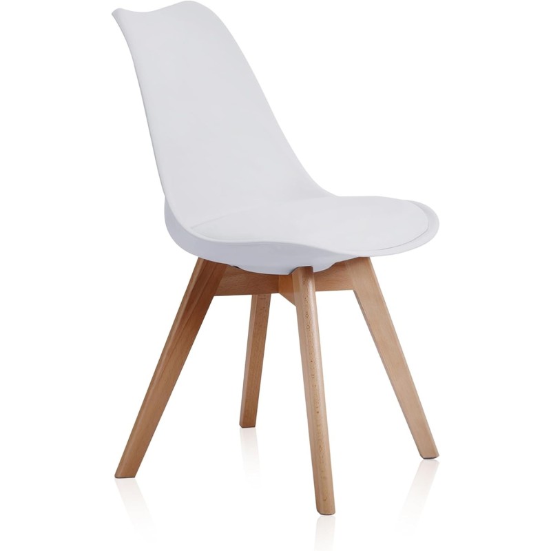 Pack de 4 Sillas para Comedor, Cocina o Salón – Simil Piel Blanca y Madera, Medidas: 48 cm x 45 cm x 84 cm.