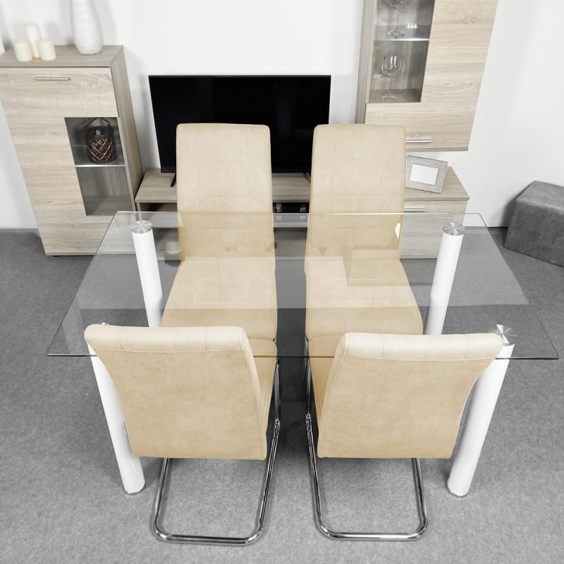 Pack de 4 Sillas Tapizadas para Salón– Acabado Color Beig con Patas Cromadas de Aluminio, Medidas: 42,5 cm x 52 cm x 99 cm