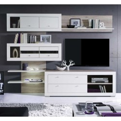 Mueble de Salón| 282 cm Anc x 52.10 cm Fon x 210.6 cm Al, Iluminación LED en Roble Arena y Blanco