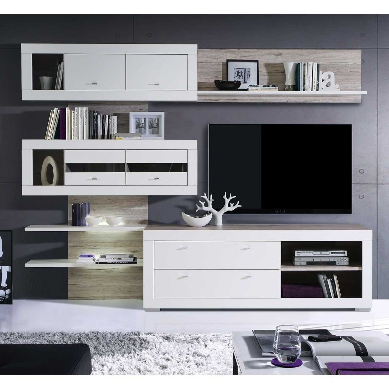 Mueble de Salón| 282 cm Anc x 52.10 cm Fon x 210.6 cm Al, Iluminación LED en Roble Arena y Blanco