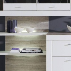 Mueble de Salón| 282 cm Anc x 52.10 cm Fon x 210.6 cm Al, Iluminación LED en Roble Arena y Blanco