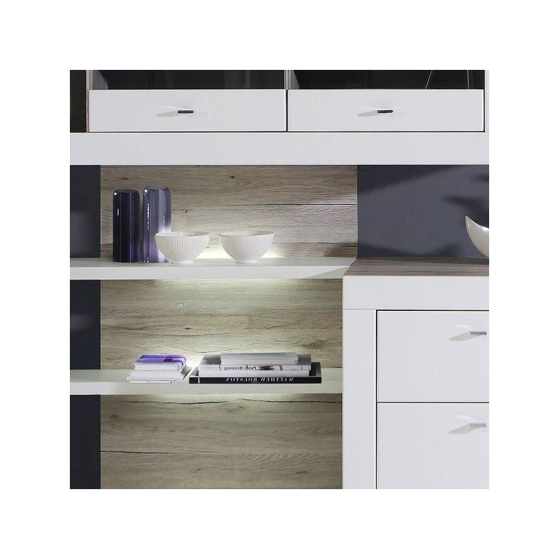 Mueble de Salón| 282 cm Anc x 52.10 cm Fon x 210.6 cm Al, Iluminación LED en Roble Arena y Blanco