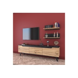 Mueble TV Completo en Melamina Color Roble y Negro, 180x35x48.5 cm, con 2 Estantes