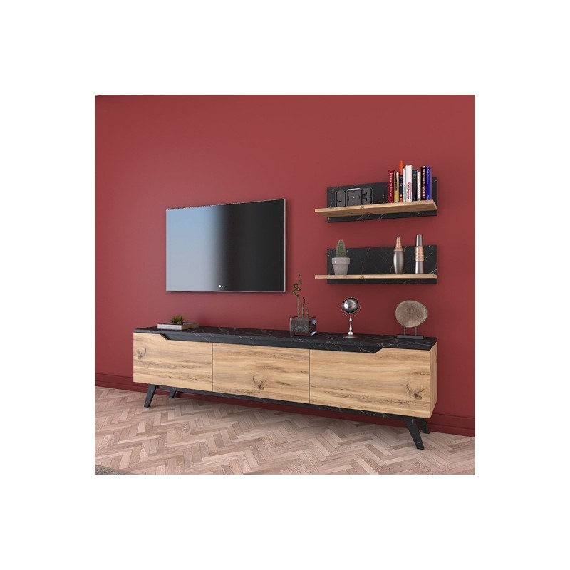 Mueble TV Completo en Melamina Color Roble y Negro, 180x35x48.5 cm, con 2 Estantes