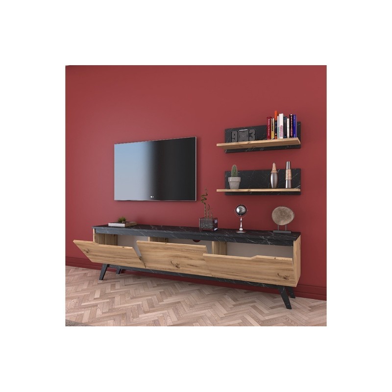 Mueble TV Completo en Melamina Color Roble y Negro, 180x35x48.5 cm, con 2 Estantes