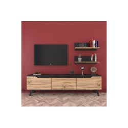 Mueble TV Completo en Melamina Color Roble y Negro, 180x35x48.5 cm, con 2 Estantes