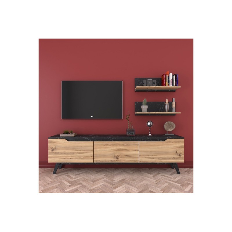 Mueble TV Completo en Melamina Color Roble y Negro, 180x35x48.5 cm, con 2 Estantes