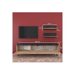 Mueble TV Completo en Melamina Color Roble y Negro, 180x35x48.5 cm, con 2 Estantes