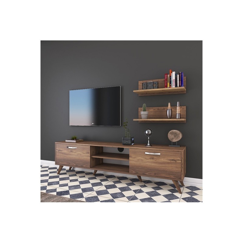 Mueble TV Completo en Melamina Color Nogal, 180x35x48.5 cm, con 2 Estantes