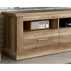 Mueble TV, Mesa de televisión 2 Puertas y 2 Estantes, Acabado en Color Cañón, Patas de Madera, 135 cm Lar x 56,6 cm Al x 41,5 Cm