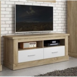 Mueble TV,Mesa de televisión 2 Puertas y 2 Estantes, Acabado en Cambria y Blanco, Patas de Madera, 135 cm Lar x 56,6 cm Al