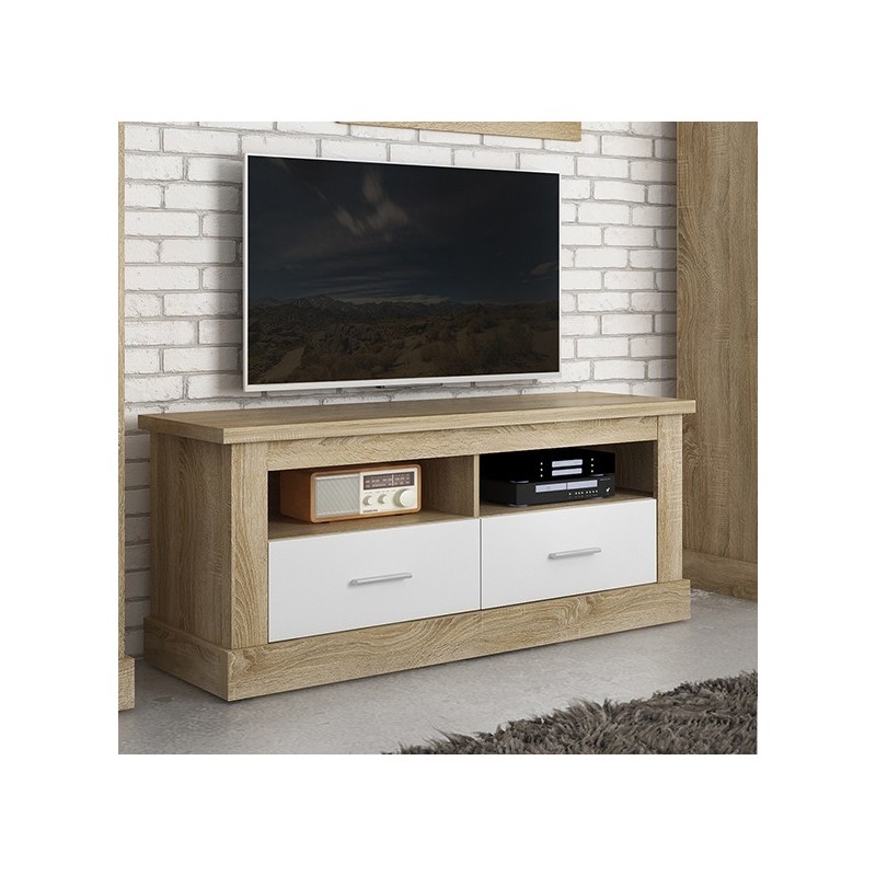 Mueble TV,Mesa de televisión 2 Puertas y 2 Estantes, Acabado en Cambria y Blanco, Patas de Madera, 135 cm Lar x 56,6 cm Al