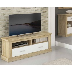Mueble TV,Mesa de televisión 2 Puertas y 2 Estantes, Acabado en Cambria y Blanco, Patas de Madera, 135 cm Lar x 56,6 cm Al