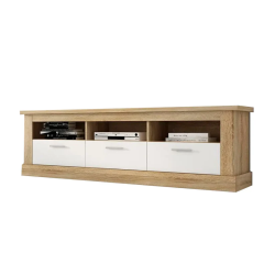 Mueble TV, Mesa de televisión 3 Puertas y 3 Estantes, Acabado en Cambria y Blanco, Patas de Madera,180 cm Lar x 56,6 cm Al x
