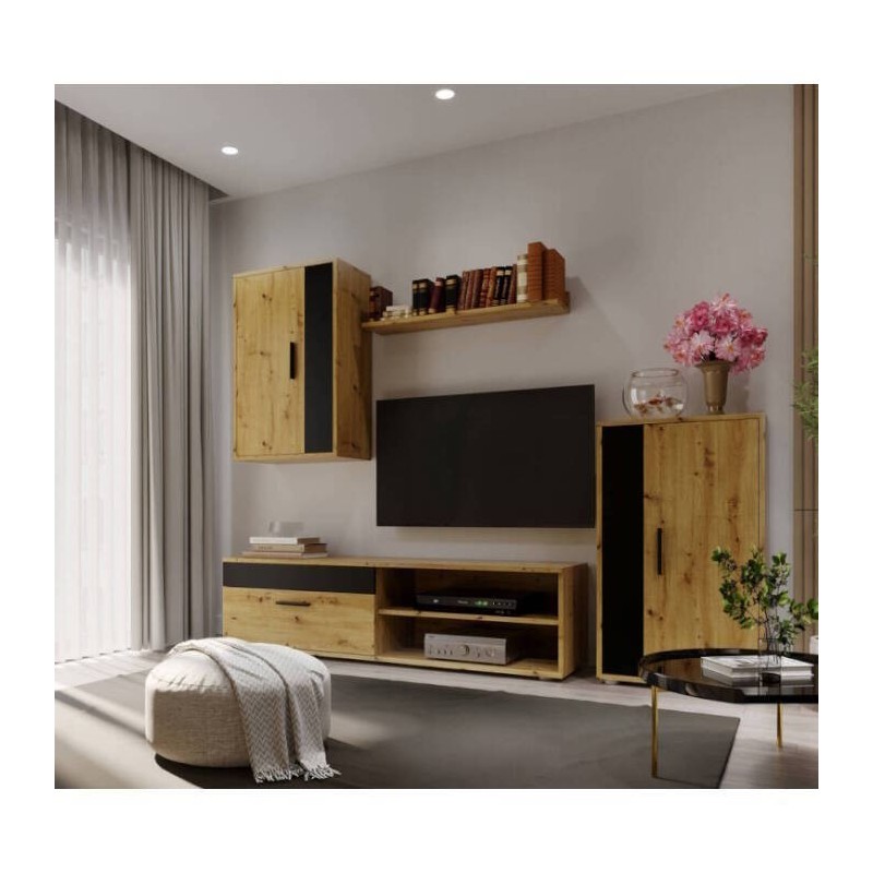 Mueble de Salón Modular Completo| Mueble para Televisión | Color Roble Nudoso y Negro