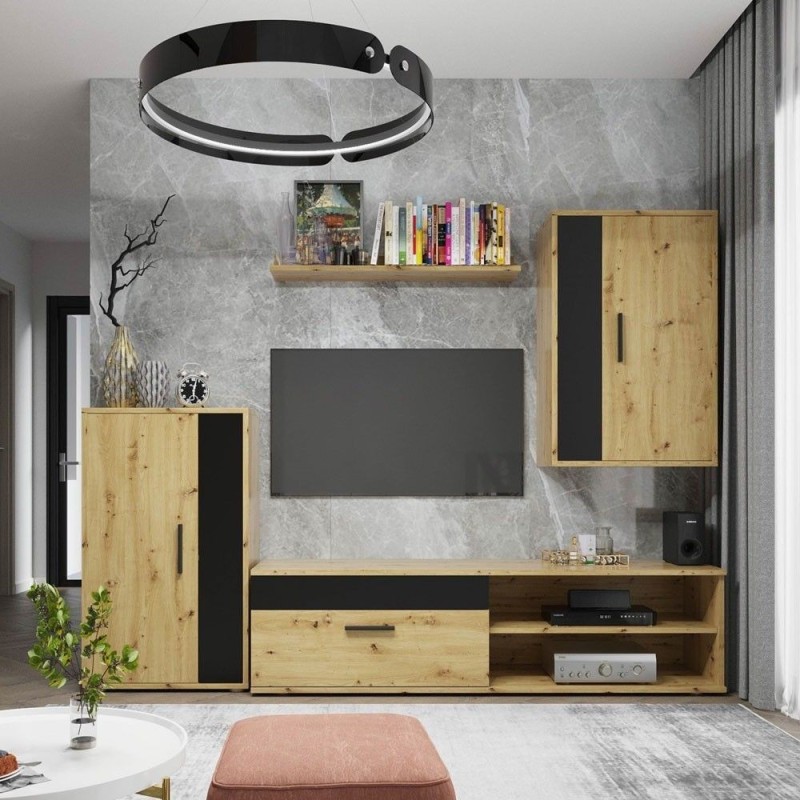 Mueble de Salón Modular Completo| Mueble para Televisión | Color Roble Nudoso y Negro