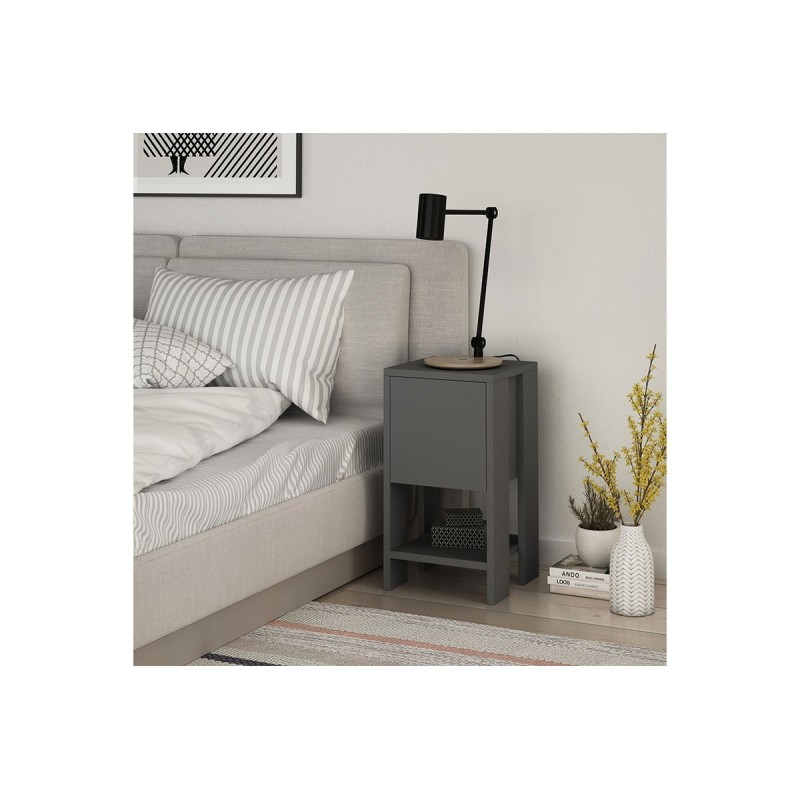 Mesilla de Noche Negro 1 Cajón, Puerta Abatible 30x30x55cm - Estilo Moderno