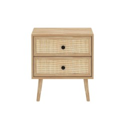 Mesita de Noche de Tablero Aglomerado y Ratán, 50x39x55 cm, 2 Cajones, Estilo Natural