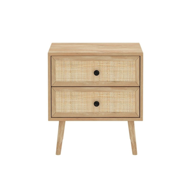 Mesita de Noche de Tablero Aglomerado y Ratán, 50x39x55 cm, 2 Cajones, Estilo Natural