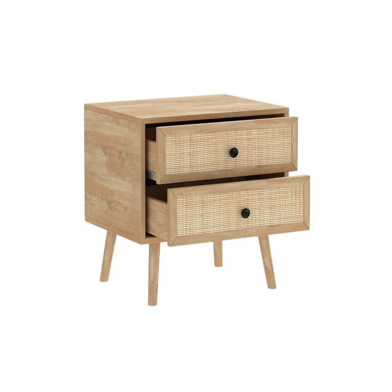 Mesita de Noche de Tablero Aglomerado y Ratán, 50x39x55 cm, 2 Cajones, Estilo Natural