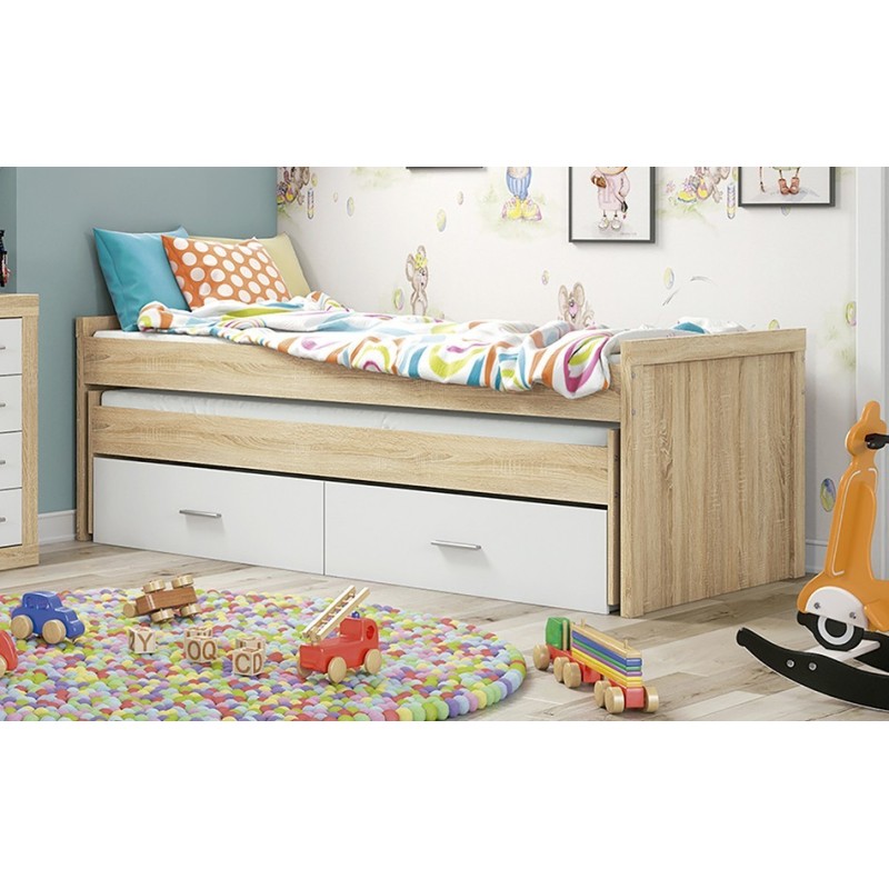 Cama Nido Juvenil con Dos Camas y Dos Cajones - Dormitorio en Cambria y Blanco - 200,5 x 98 x 72 cm