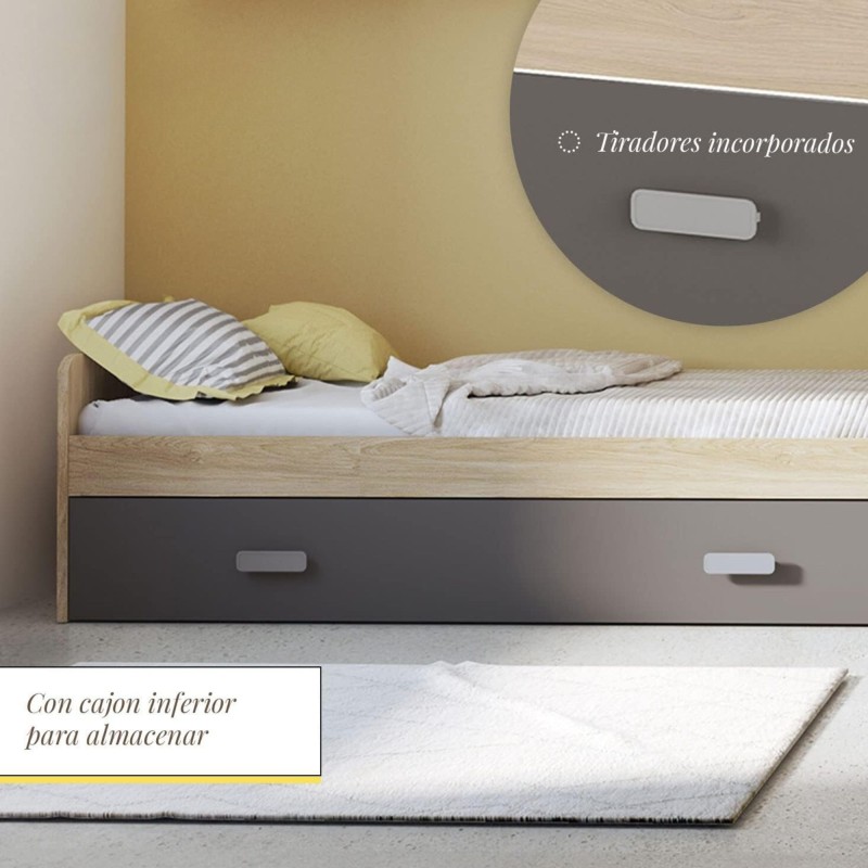 Cama Nido de Melamina Color Puccini Grafito – Ancho 194,4 cm x Fondo 98 cm x Alto 58 cm, Ideal para Habitaciones Juveniles.
