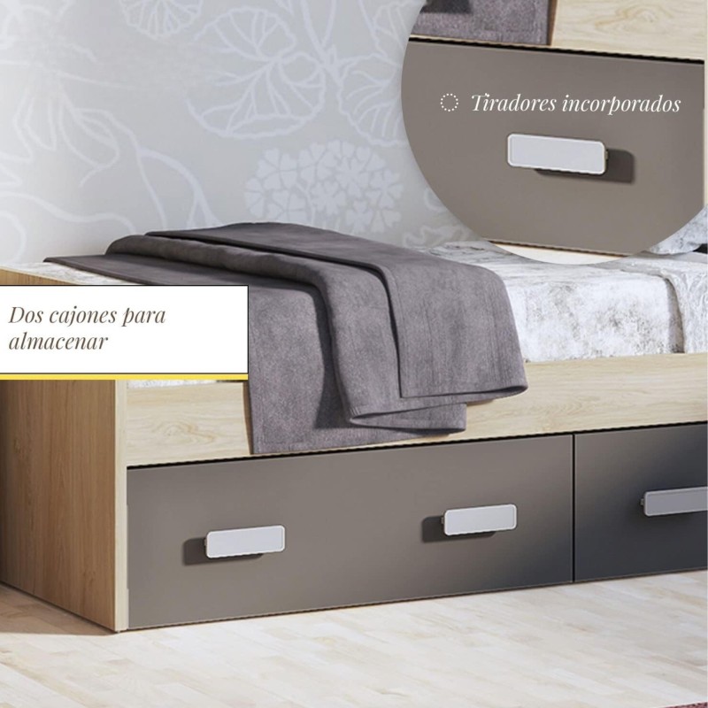Cama Nido con 2 Cajones de Almacenaje – Puccini Grafito, 194,4 cm Largo x 98 cm Ancho x 58 cm Alto