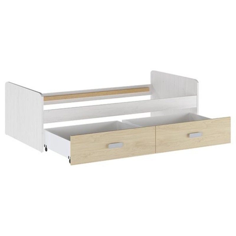 Cama Nido con 2 Cajones de Almacenaje – Blanco Veteado y Natural, 194,4 cm Largo x 98 cm Ancho x 58 cm Alto