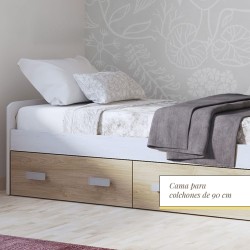 Cama Nido con 2 Cajones de Almacenaje – Blanco Veteado y Natural, 194,4 cm Largo x 98 cm Ancho x 58 cm Alto
