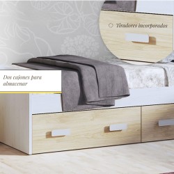 Cama Nido con 2 Cajones de Almacenaje – Blanco Veteado y Natural, 194,4 cm Largo x 98 cm Ancho x 58 cm Alto