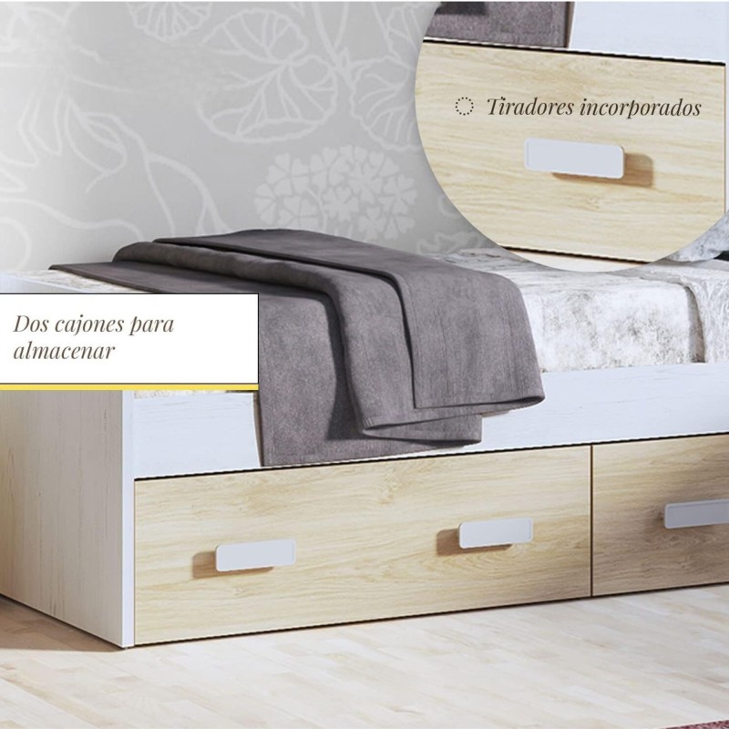 Cama Nido con 2 Cajones de Almacenaje – Blanco Veteado y Natural, 194,4 cm Largo x 98 cm Ancho x 58 cm Alto