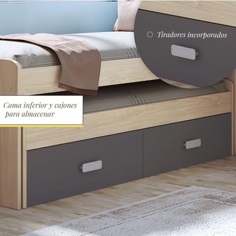 Cama Nido Juvenil Doble con Cajones de Almacenaje – Puccini Grafito, 198.4 cm Largo x 98 cm Ancho x 72 cm Alto