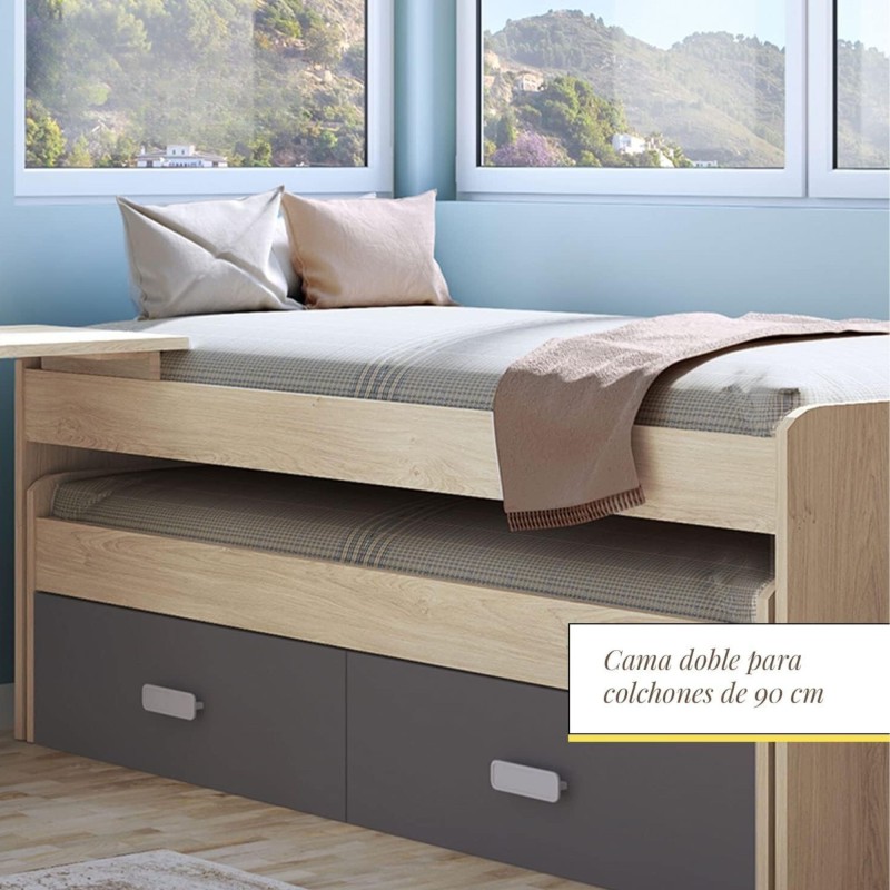 Cama Nido Juvenil Doble con Cajones de Almacenaje – Puccini Grafito, 198.4 cm Largo x 98 cm Ancho x 72 cm Alto
