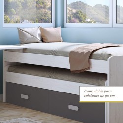 Cama Nido Juvenil Doble con Cajones de Almacenaje – Blanco Veteado y Grafito, 198.4 cm Largo x 98 cm Ancho x 72 cm Alto
