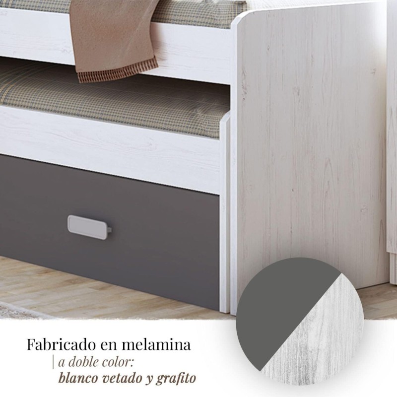 Cama Nido Juvenil Doble con Cajones de Almacenaje – Blanco Veteado y Grafito, 198.4 cm Largo x 98 cm Ancho x 72 cm Alto