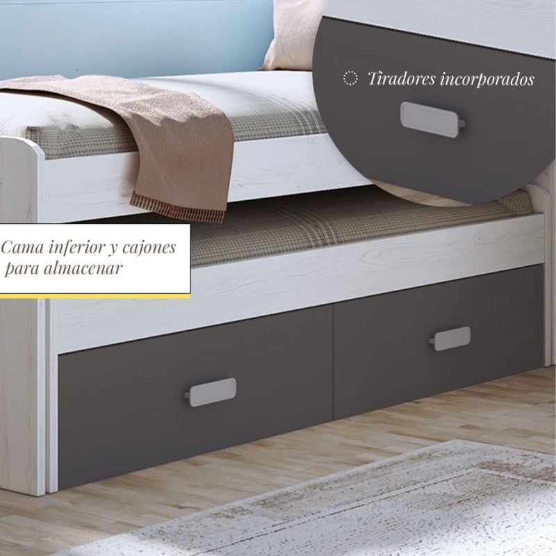 Cama Nido Juvenil Doble con Cajones de Almacenaje – Blanco Veteado y Grafito, 198.4 cm Largo x 98 cm Ancho x 72 cm Alto