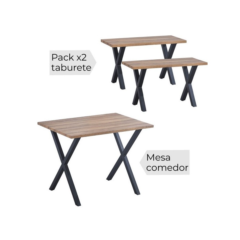 Mesa comedor + 2 taburetes: Mesa madera y Patas Metálicas En Negro (76x100x70 Cm) + 2 Taburetes (45x80x35 Cm )