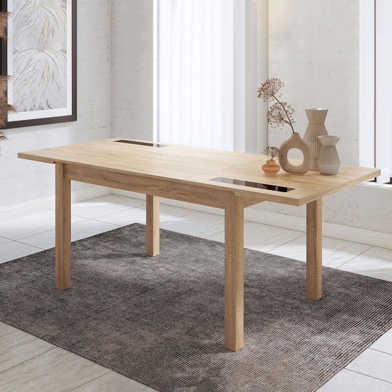 Mesa Comedor, Mesa de salón Extensible, Acabado en Color Cambria y Cristal, Medidas: 140-180 cm (Lar) x 90 cm (Anc) x 75 cm (Al)