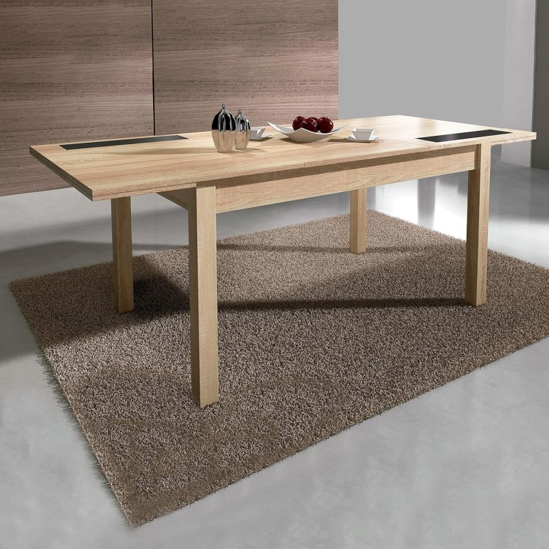 Mesa Comedor, Mesa de salón Extensible, Acabado en Color Cambria y Cristal, Medidas: 140-180 cm (Lar) x 90 cm (Anc) x 75 cm (Al)