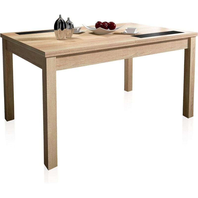 Mesa Comedor, Mesa de salón Extensible, Acabado en Color Cambria y Cristal, Medidas: 140-180 cm (Lar) x 90 cm (Anc) x 75 cm (Al)